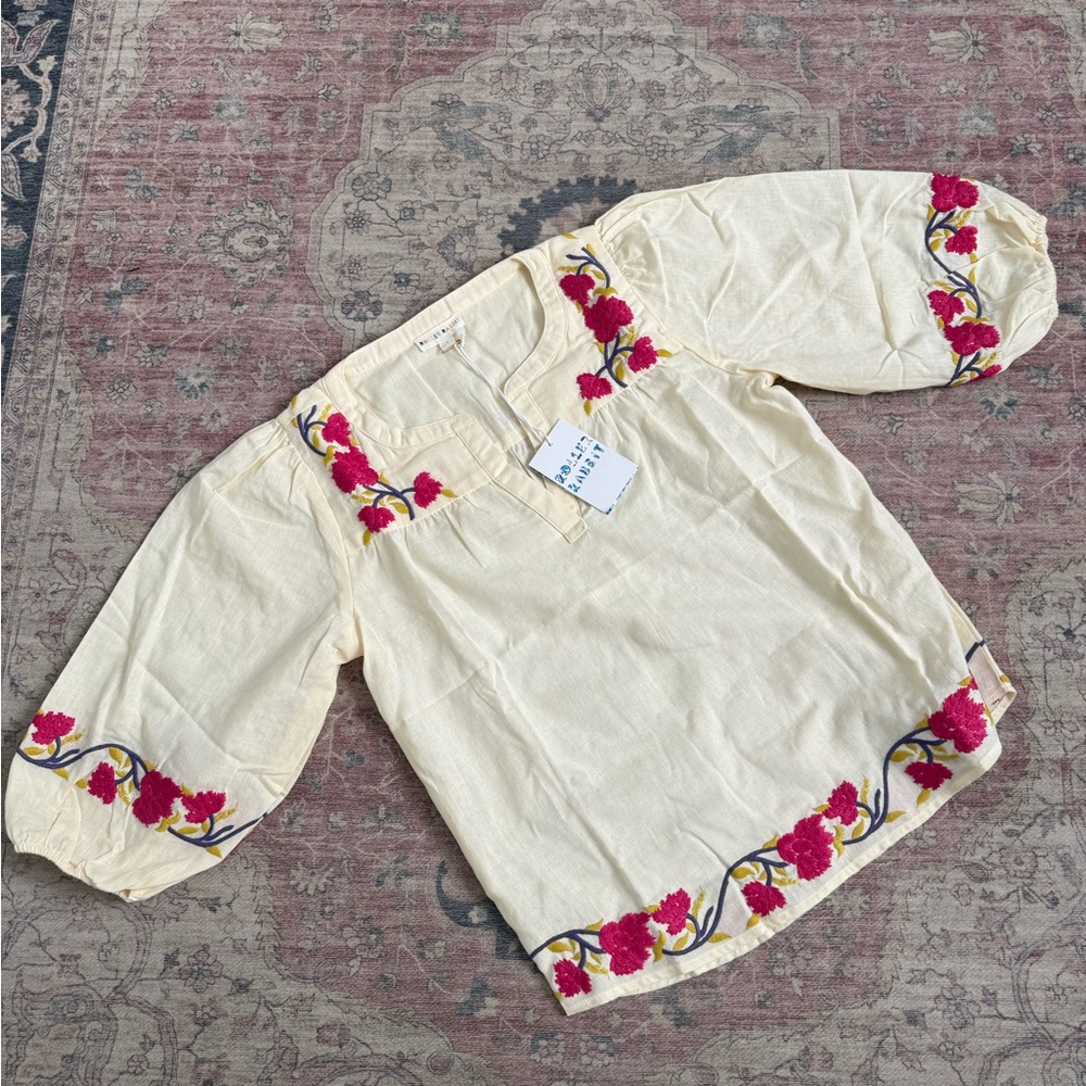 Roller Rabbit Cream Top with Pink and Purple Embroidery
